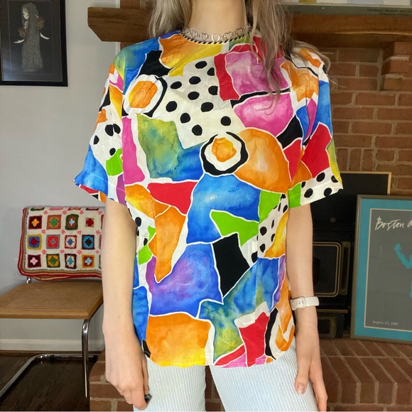 Vintage 80s 90s Studio Image Abstract Print Art Rainbow Top High Neck Cr… - Picture 2 of 12